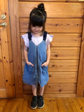 「apres les cours（アプレレクール）のアイテム（ジャンパースカート）」を使った、りぃちゃんさん（キッズ・100cm）の夏コーディネート