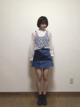 「ZARA（ザラ）のアイテム（デニムスカート、ブルー系）」を使った、いのいのさん（レディース・159cm）の夏コーディネート
