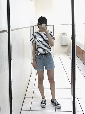 「GU（ジーユー）のアイテム（Tシャツ/カットソー、ホワイト系）」を使った、いのいのさん（レディース・159cm）の夏コーディネート