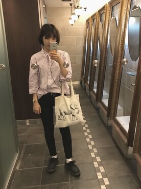 「FOREVER 21（フォーエバー トゥエンティーワン）のアイテム（トートバッグ、ホワイト系）」を使った、いのいのさん（レディース・159cm）の夏コーディネート