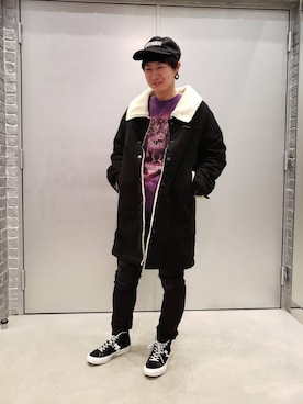 「HYSTERIC GLAMOUR（ヒステリックグラマー）のアイテム（ステンカラーコート）」を使った、ISHIIさん（レディース・163cm）の冬コーディネート