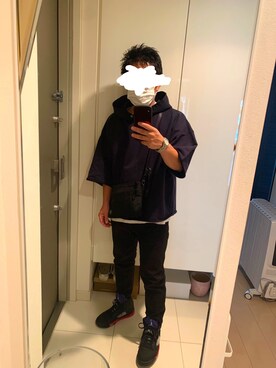 「ZOZO（ゾゾ）のスリムテーパードデニムパンツ（パターンオーダー）／ブラック［MEN］（デニムパンツ）」を使った、KOKOJIさん（メンズ・158cm）の夏コーディネート