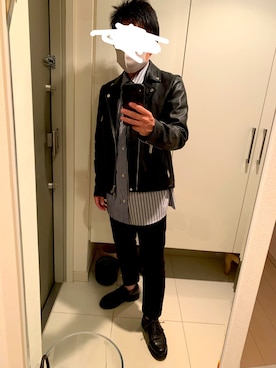 「ZOZO（ゾゾ）のスリムテーパードデニムパンツ（パターンオーダー）／ブラック［MEN］（デニムパンツ）」を使った、KOKOJIさん（メンズ・158cm）の秋コーディネート
