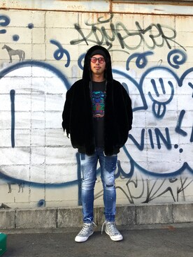 「KENZO」｜「アイテム（ニットキャップ/ビーニー）」を使った、よしやす(34歳)さん（メンズ・175cm）の冬コーディネート