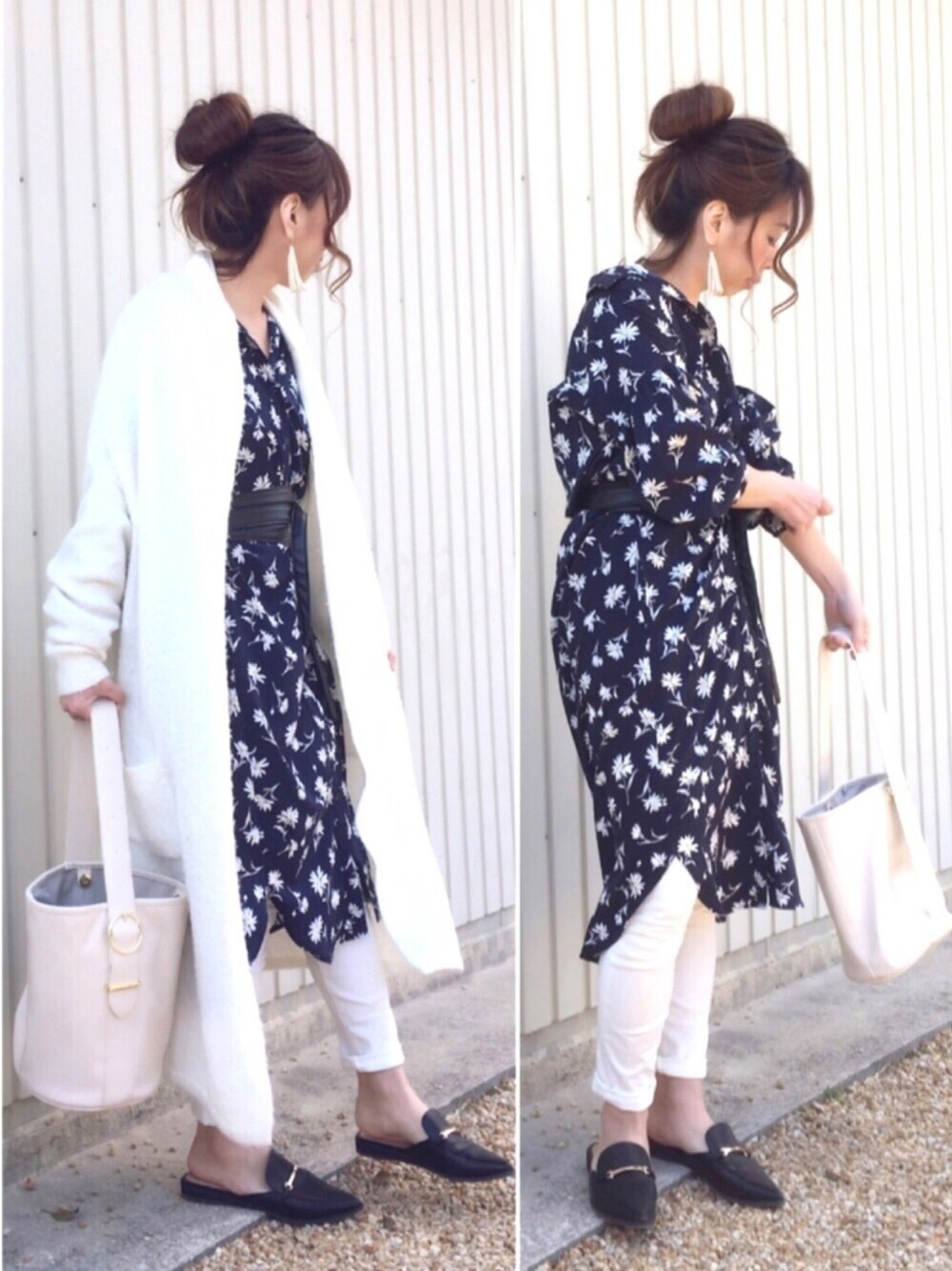 「GU、花柄、バブーシュ、バケツバッグ、サッシュベルト、おだんごヘアー、ママコーデ、プチプラ、春コーデ、ガウン」｜「GUのアイテム（ベルト、ブラック系）」を使った、Sari☺︎さん（レディース・166cm）の春コーディネートの1枚目の写真