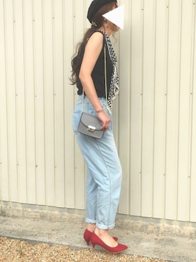 「マムジーンズ」｜「アイテム（ハンチング/ベレー帽）」を使った、Sari☺︎さん（レディース・166cm）の夏コーディネート