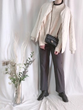 「白ニット」｜「アイテム（ノーカラーコート）」を使った、Sari☺︎さん（レディース・167cm）の冬コーディネート