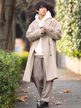 「epnok（エプノック）のアイテム（チェスターコート）」を使った、加藤元気さん（メンズ・177cm）の冬コーディネート
