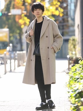 「epnok（エプノック）のアイテム（チェスターコート）」を使った、加藤元気さん（メンズ・177cm）の冬コーディネート