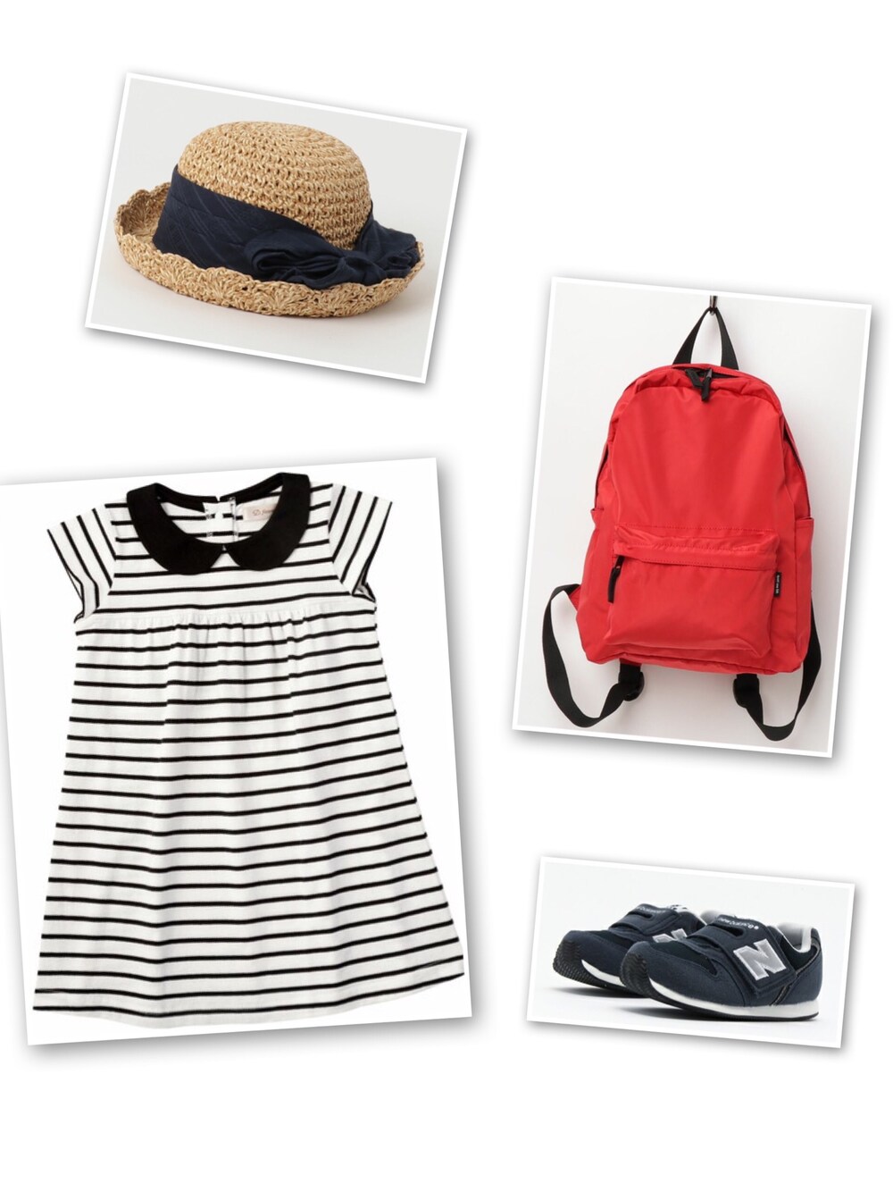 ブラック系のワンピース、レッド系のバックパック/リュック、ブルー系のスニーカーを着用したキッズの夏コーディネートの1枚目の写真