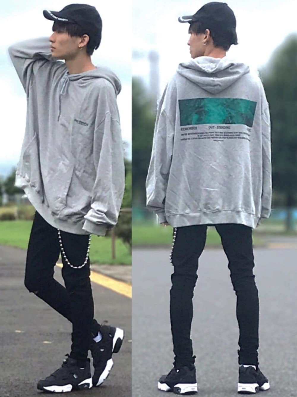 「秋のマイ旬スタイル、ストリート、ビッグシルエット、オーバーサイズ、秋コーデ」｜「NO NEEDのオーバーサイズバックプリント&シンプルロゴビッグシルエットスウェットパーカー　バックプリントパーカー【韓国ストリートファッション】（パーカー、グレー系）」を使った、ゆーすけさん（メンズ・166cm）の秋コーディネートの1枚目の写真