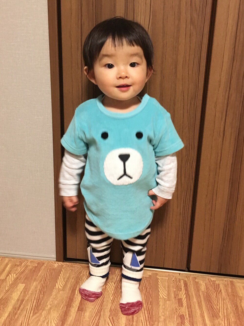 「三輪車、一歳」｜「新しい服ゲットのアイテム（ママ＆ベビー、ブルー系）」を使った、nana⭐︎🌙さん（キッズ・80cm）の春コーディネートの1枚目の写真
