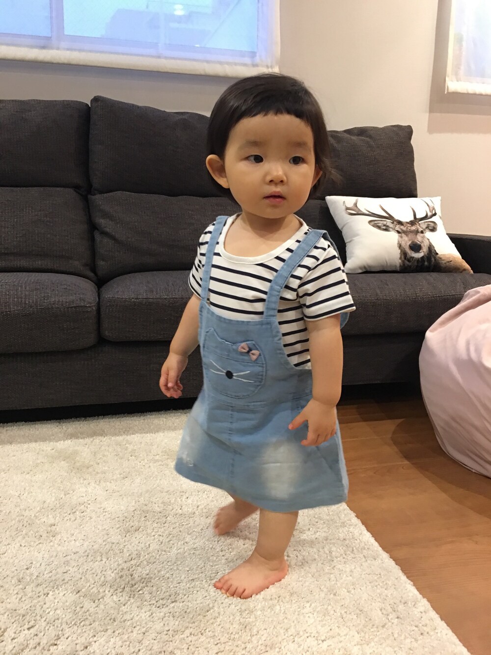 「ワンピース、一歳、ボーダー」｜「ouiibebeのアイテム（ワンピース、ホワイト系）」を使った、nana⭐︎🌙さん（キッズ・80cm）の夏コーディネートの1枚目の写真