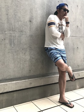 「アイテム（ビーチサンダル）」を使った、フットゴルファー・コージャ今村⚽️⛳️🇯🇵さん（メンズ・173cm・40代）の夏コーディネート