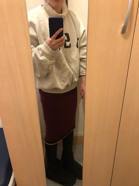 「LILY BROWN（リリーブラウン）のライン入りニットタイトスカート（スカート、レッド系）」を使った、マンゴーパインソースさん（レディース・158cm）の冬コーディネート