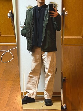 「ノーカラーシャツ」｜「アイテム（モッズコート）」を使った、フラペチーノさん（メンズ・163cm）の冬コーディネート