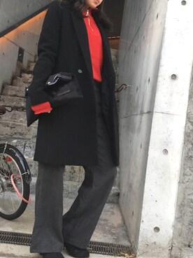 「red」｜「アイテム（チェスターコート）」を使った、ökaさん（レディース・160cm）の冬コーディネート