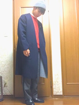 「RAGEBLUE（レイジブルー）のメリノウールノーカラーチェスター/750634（Overcoat、ブルー系）」を使った、みやっちさん（メンズ・174cm）の秋コーディネート
