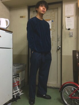 「RAGEBLUE（レイジブルー）のベロアドロップクルーFW/774882（Sweatshirt、グリーン系）」を使った、みやっちさん（メンズ・174cm）の冬コーディネート