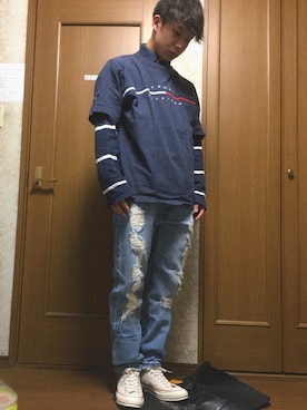 「TOMMY HILFIGER（トミーヒルフィガー）のアイテム（Polo、ブルー系）」を使った、みやっちさん（メンズ・174cm）の冬コーディネート