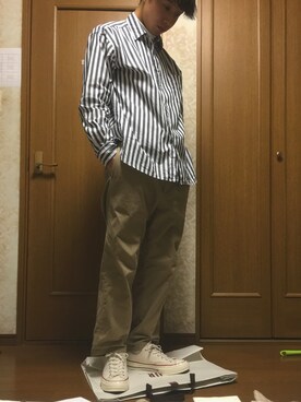 「RAGEBLUE（レイジブルー）のストライプシャツ/783855（Shirts、ブラック系）」を使った、みやっちさん（メンズ・174cm）の冬コーディネート