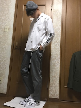 「RAGEBLUE（レイジブルー）のPEオープンカラーシャツ/789001（Shirts、グレー系）」を使った、みやっちさん（メンズ・174cm）の春コーディネート