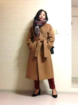 「チェックマフラー」｜「アイテム（その他アウター）」を使った、tomoさん（レディース・155cm）の冬コーディネート