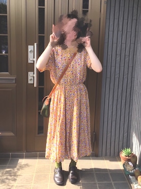 「古着のアイテム（ワンピース、オレンジ系）」を使った、みっふぃさん（レディース・149cm）の秋コーディネート