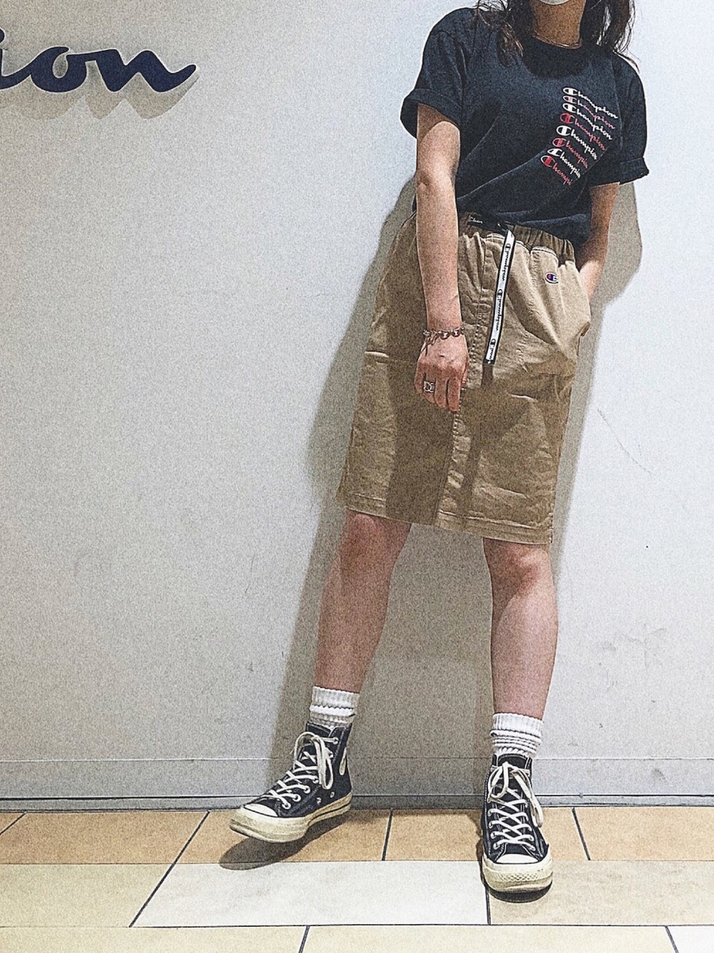 「カジュアルコーデ、オトナ女子、シンプルコーデ、スニーカーコーデ、ラクチンコーデ、着回しコーデ、ootd、チャンピオン、オトナカジュアル、おしゃれさんと繋がりたい」｜「ChampionのChampion SKIRT（スカート、ベージュ系）」を使った、Miyuさん（レディース・163cm）の夏コーディネートの1枚目の写真