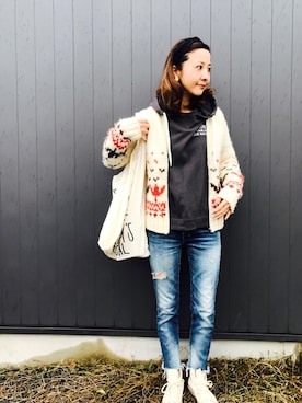 「カウチンセーター」｜「アイテム（その他シューズ）」を使った、りょんさん（レディース・165cm）の冬コーディネート