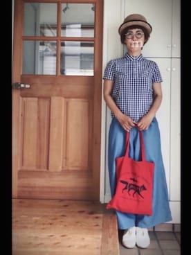 「ギンガムチェックシャツ」｜むろこ。さん（レディース・155cm・40代）の夏コーディネート