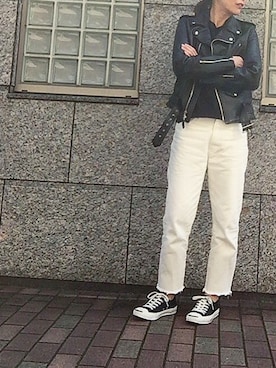 「ホワイトデニム」｜「アイテム（ライダースジャケット）」を使った、rkmmさん（レディース・163cm）の秋コーディネート