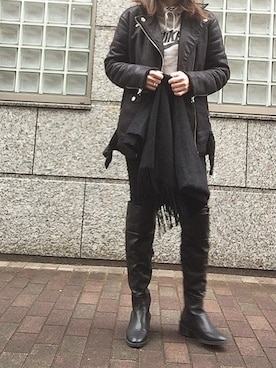 「SLY（スライ）のアイテム（ライダースジャケット）」を使った、rkmmさん（レディース・163cm）の冬コーディネート