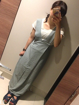 「KBF（ケイビーエフ）の2way変形ラップスカート（ジャンパースカート、グリーン系）」を使った、china＊さん（レディース・153cm）の夏コーディネート