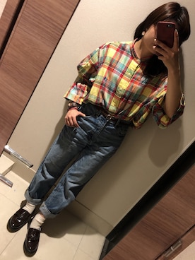 「古着のアイテム（シャツ/ブラウス、イエロー系）」を使った、china＊さん（レディース・153cm）の秋コーディネート