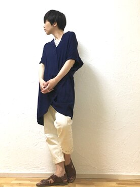 「ネイビー×ホワイト」｜「アイテム（シャツワンピース）」を使った、シオンさん（レディース・158cm）の夏コーディネート