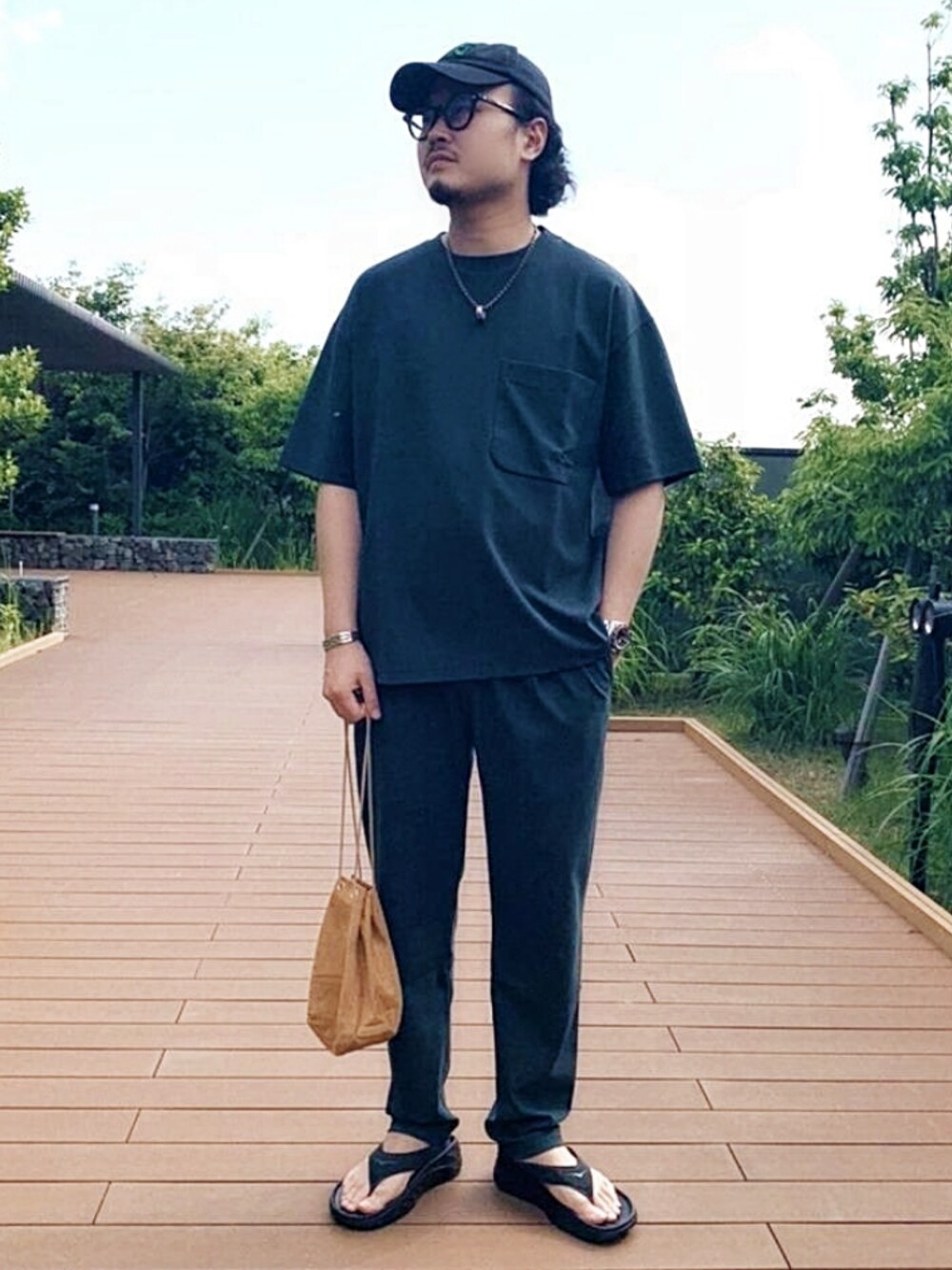 ブラック系のサンダル、グリーン系のトップス、グリーン系のパンツを着用したメンズの夏コーディネートの1枚目の写真