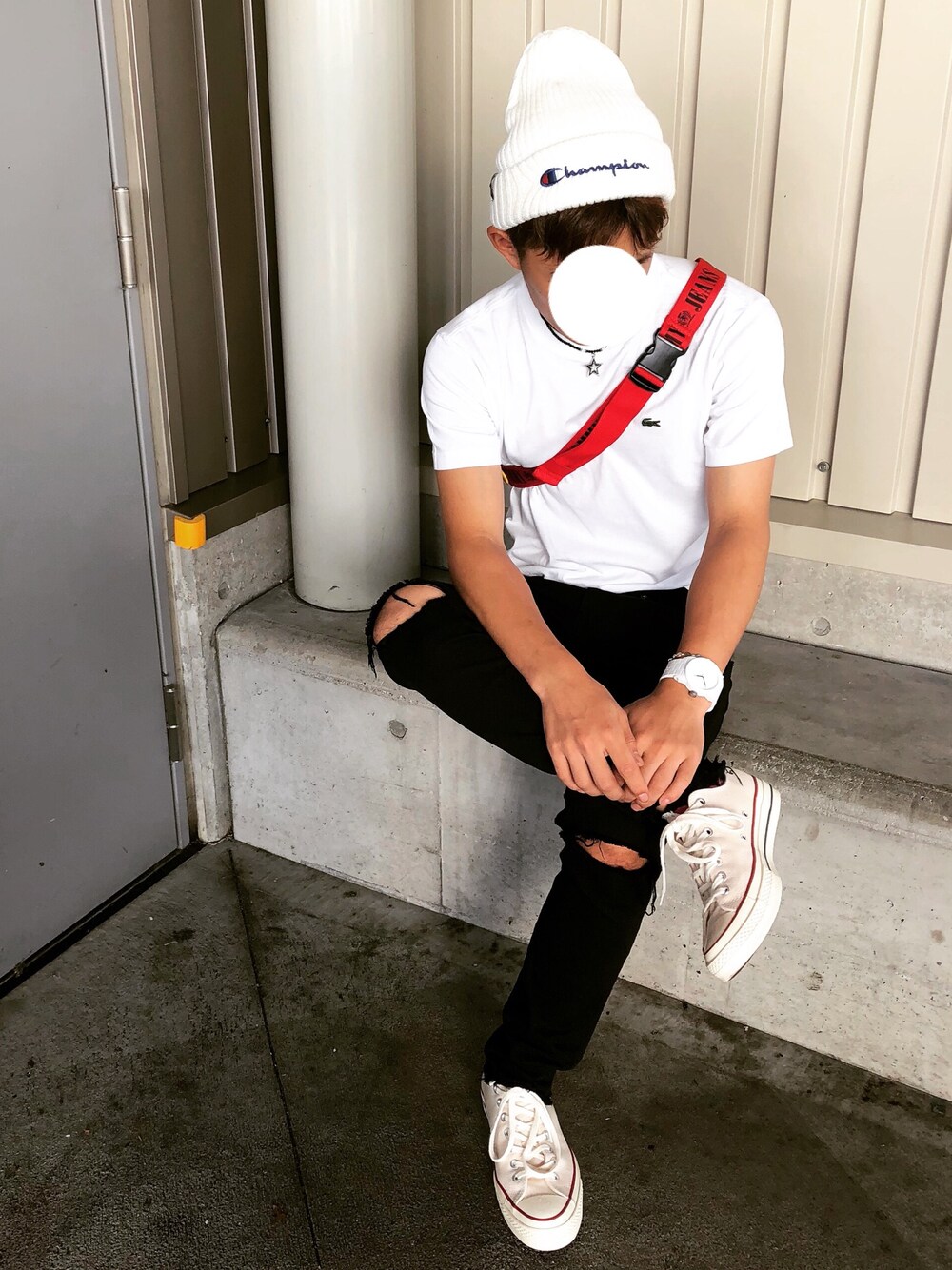 「夏のワントーンコーデ、ブラック、シンプル、夏、ニット、おしゃれさんと繋がりたい、fashion、LOVE」｜「Championの【Champion/チャンピオン】ニットキャップ（ニットキャップ/ビーニー、ホワイト系）」を使った、REOさん（メンズ・165cm）の夏コーディネートの1枚目の写真