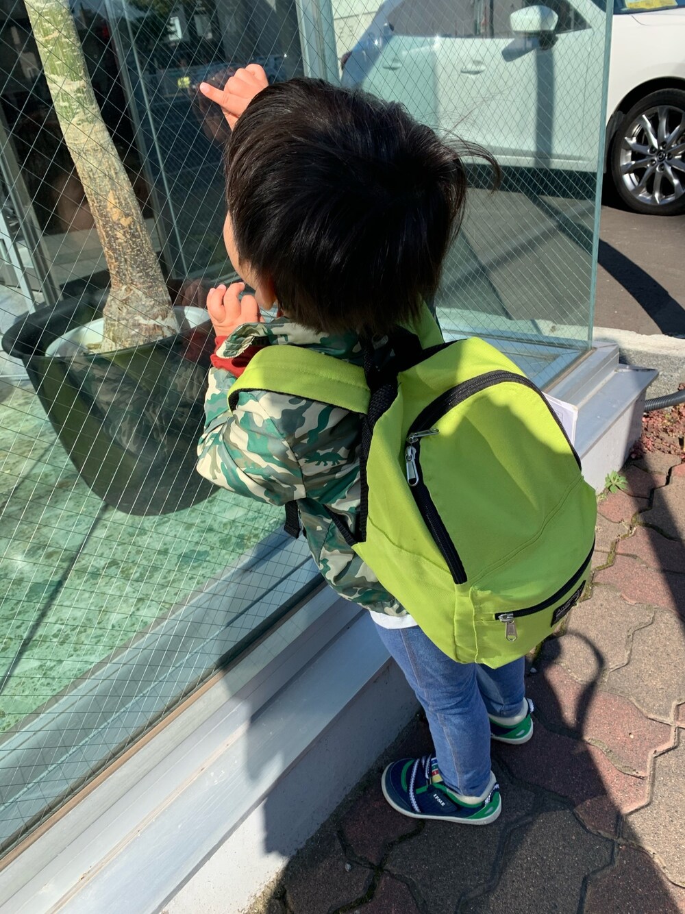 「2歳、男の子、通園コーデ」｜「SLAP SLIPのSLAP SLIP/タフタ+メッシュ恐竜迷彩柄ジャケット（ナイロンジャケット、グリーン系）」を使った、w-kさん（キッズ・90cm）の秋コーディネートの1枚目の写真