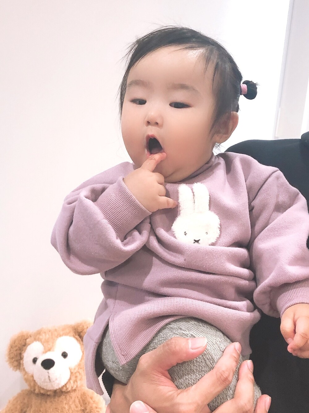 「女の子、女の子ベビー、女の子コーデ、休日スタイル、休日コーデ、生後８ヶ月」｜「petit mainの【miffy】ミッフィーモチーフトレーナー（スウェット、パープル系）」を使った、ゆのまる𓈒 𓏸 𓐍さん（キッズ・70cm）の秋コーディネートの1枚目の写真
