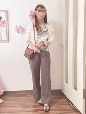 「one after another NICE CLAUP（ワンアフターアナザーナイスクラップ）のアイテム（スラックス、ブラウン系）」を使った、yukaさん（レディース・155cm）の夏コーディネート