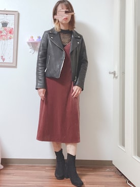 「ベロア」｜「アイテム（ライダースジャケット）」を使った、yukaさん（レディース・155cm）の秋コーディネート