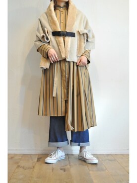 「ストライプワンピース」｜「アイテム（ポンチョ）」を使った、chaosbohemiaさん（レディース・165cm）の冬コーディネート