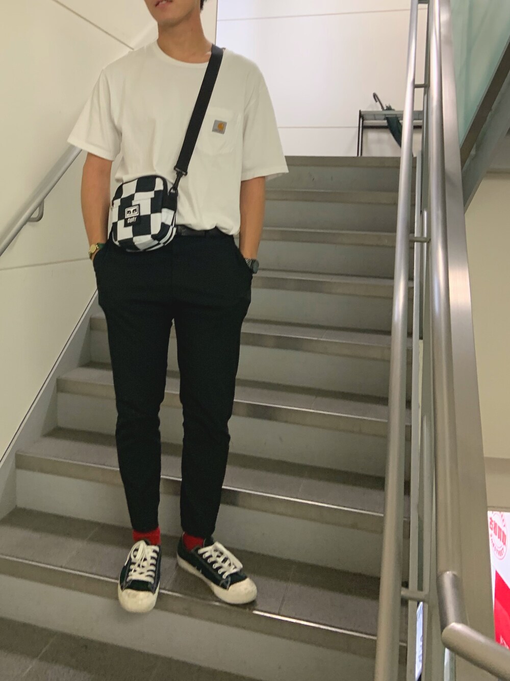 「OBEY、carhartt、UNIQLO」｜「Carharttの【CARHARTT】カーハート S/S POCKET Tee（Tシャツ/カットソー、ホワイト系）」を使った、あ   す   かさん（メンズ・170cm）の夏コーディネートの1枚目の写真