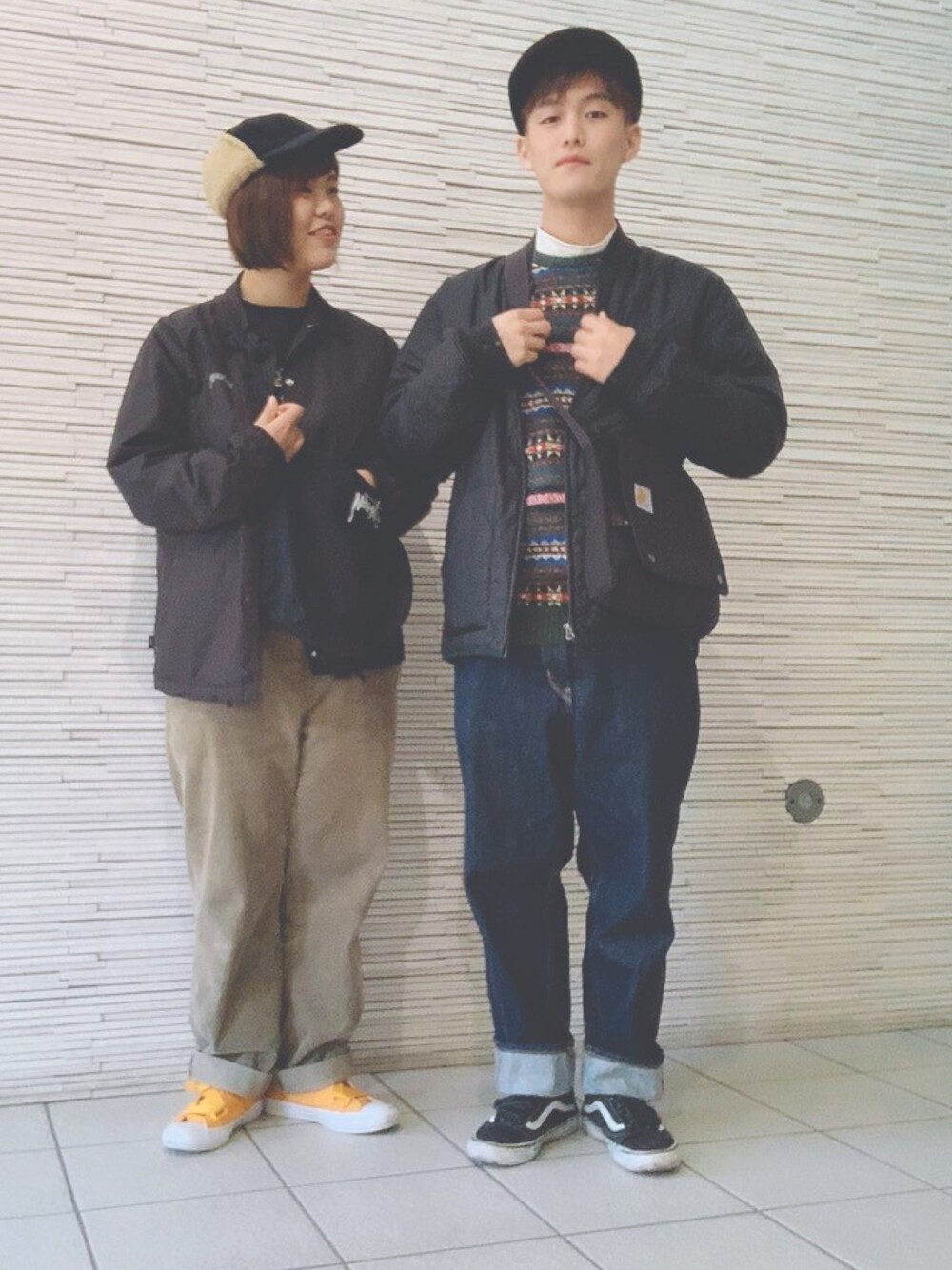 「stussy、niko and…、UNIQLO、KANGOL、beams plus、BEAMS」｜「BEAMS PLUSのBEAMS PLUS / クレイジーパターン フェアアイル ニット（ニット/セーター、グリーン系）」を使った、あ   す   かさん（メンズ・173cm）の冬コーディネートの1枚目の写真
