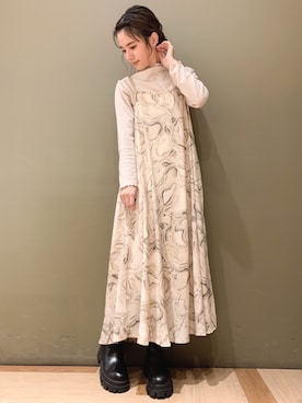 「Green　Parks（グリーンパークス）のアウトメローロックハイネックカットインナー＊（Tシャツ/カットソー）」を使った、marinaさん（レディース・158cm）の秋コーディネート
