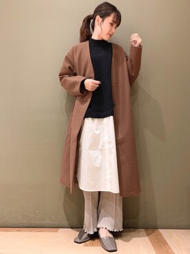 「earth music&ecology（アースミュージックアンドエコロジー）のオシャ見えコート（ノーカラー）＊（ノーカラーコート）」を使った、marinaさん（レディース・158cm）の秋コーディネート