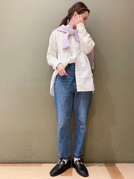 「select MOCA（セレクトモカ）の柔らかく履きやすいフェイクレザーゴールドビット付きローファー（ローファー）」を使った、marinaさん（レディース・158cm）の冬コーディネート