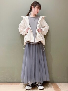 「アイテム（マウンテンパーカー、ホワイト系）」を使った、marinaさん（レディース・158cm）の春コーディネート