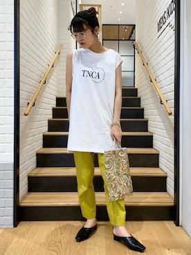 「green label relaxing（グリーンレーベルリラクシング）の＜ Tanacana (タナカーナ) ＞ プリント ノースリーブ Tシャツ [ カットソー ]（Tシャツ/カットソー、ホワイト系）」を使った、morita_rさん（レディース・160cm）の夏コーディネート
